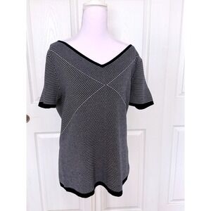 Jones New York Knit Top Women XL Navy Blue White Striped V-Neck Short Sleeve